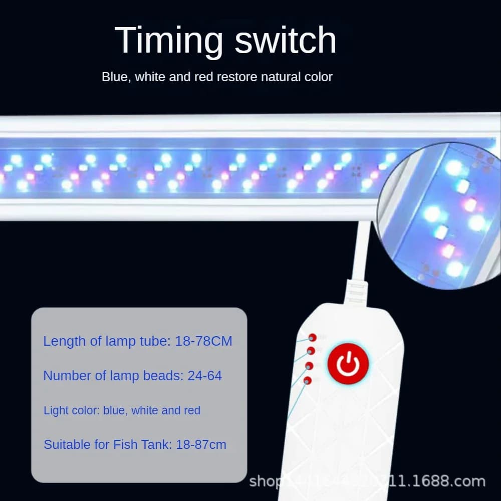 Lampada per acquario a LED dimmerabile per acquario, striscia luminosa per acquario con staffe estensibili, impostazione dell'ora, luci blu bianche rosse 18-78 cm