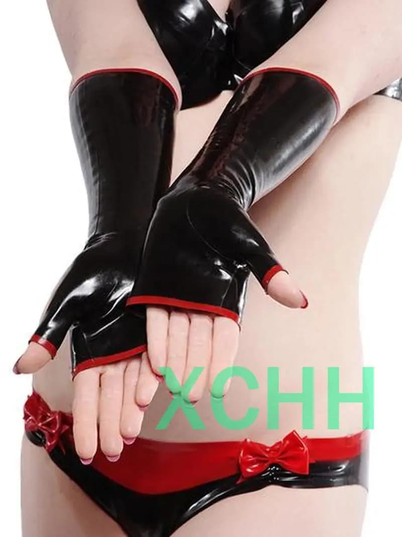 Unisex Latex Exotic Lingerie nero rosso impiombato senza dita guanti