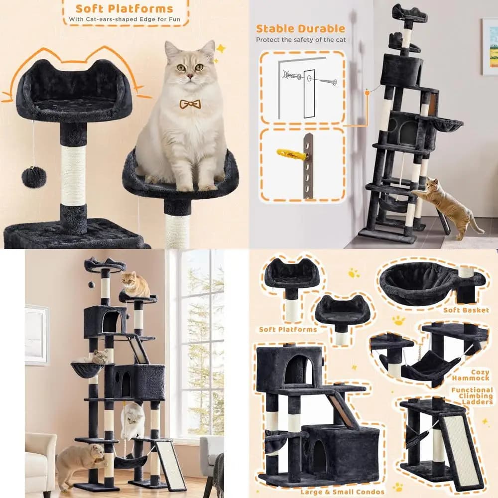 Torre per Gatti Extra Grande da 210 cm con Piattaforme, Cuccia, Tiragraffi e Cesto per Divertimento Felino al Chiuso