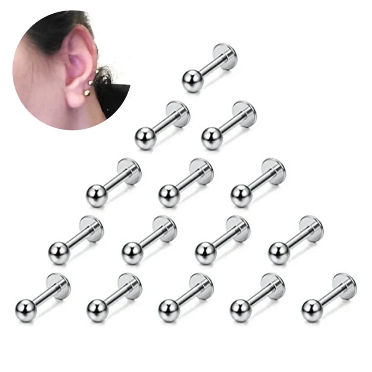 15 pcs 16G stainless steel lip rings for woman man, labret nose studs piercing 6/8/10/12mm erect erect erectile trago cartilage