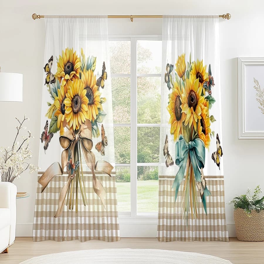 2PCS Digital Print Sheer Curtain, Plaid Sunflower, Modern Minimalist Window Curtains for Living Room Bedroom Home Decor