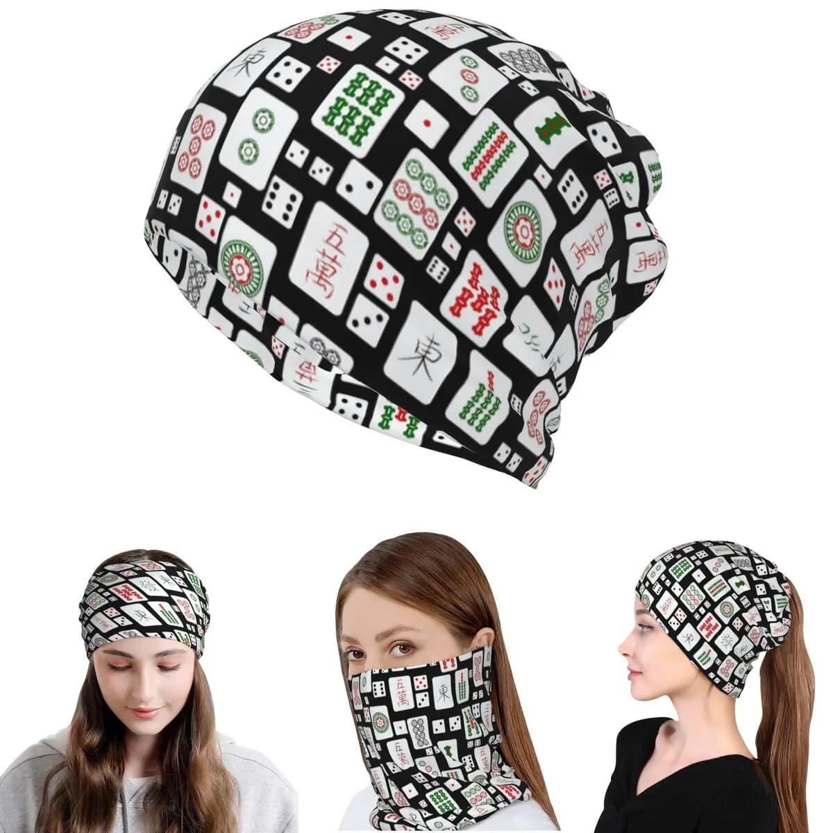 Sciarpa multifunzione antivento con stampa Mahjong e dadi, bandana, maschera, copricollo, balaclava, berretto per uomo e donna