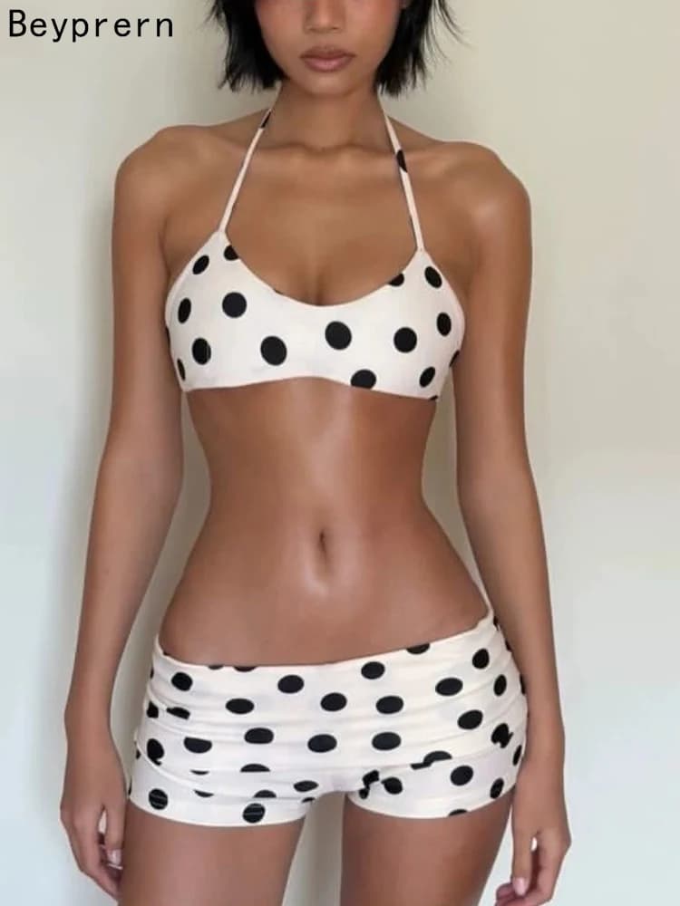 Beyprern Sexy polka dot bikini set, two-piece swimsuit, push-up swimsuit with American neckline, vintage swimsuit, swim shorts, beach dress