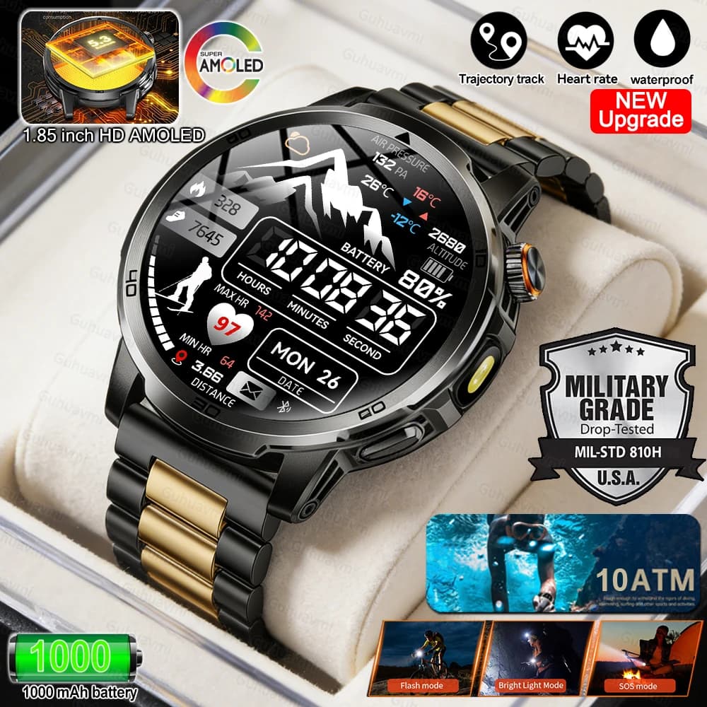 New Men's Military Smartwatch with 1000mAh Battery, Red Flashlight and White, 1.85" HD Screen, 10ATM Waterproof, Men's Sporty Watch