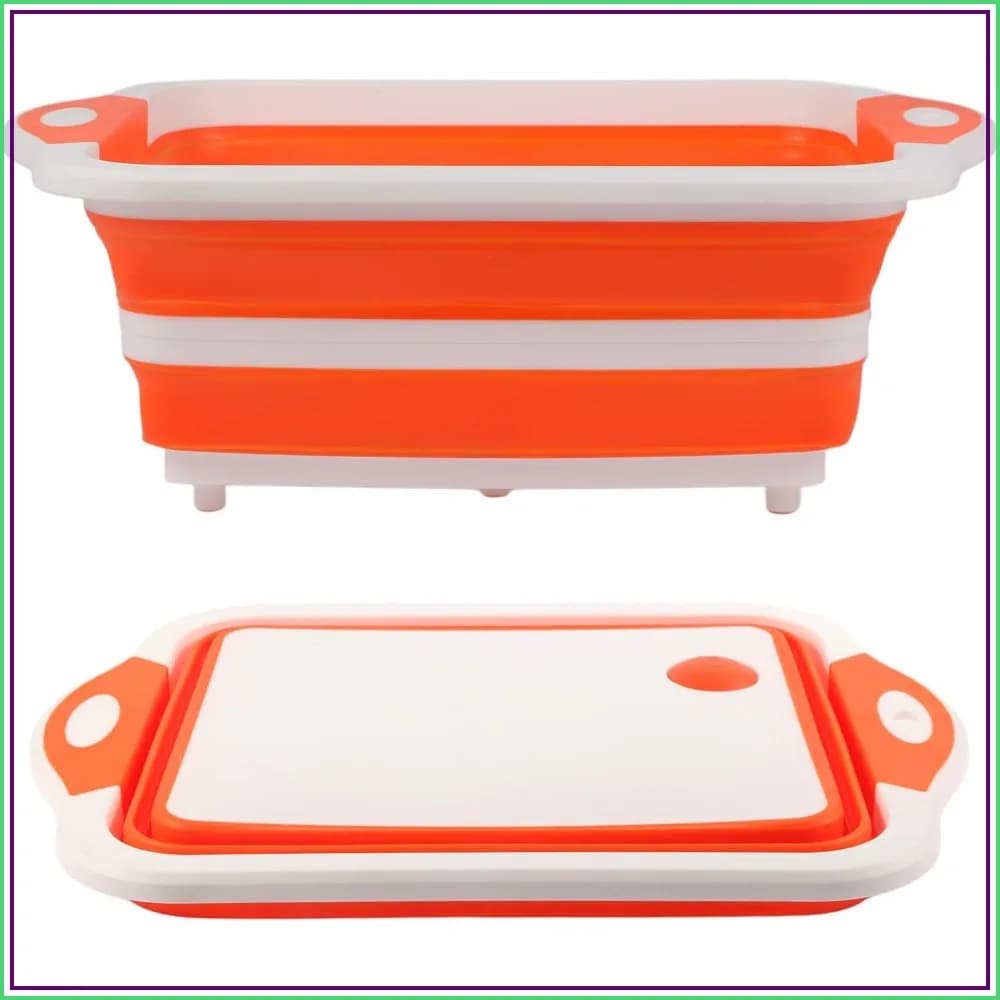 Foldable BBQ Prep Tub 10L, Collapsible Cutting Board & Colander, Portable Camping Sink for Kitchen, Picnic (Orange)