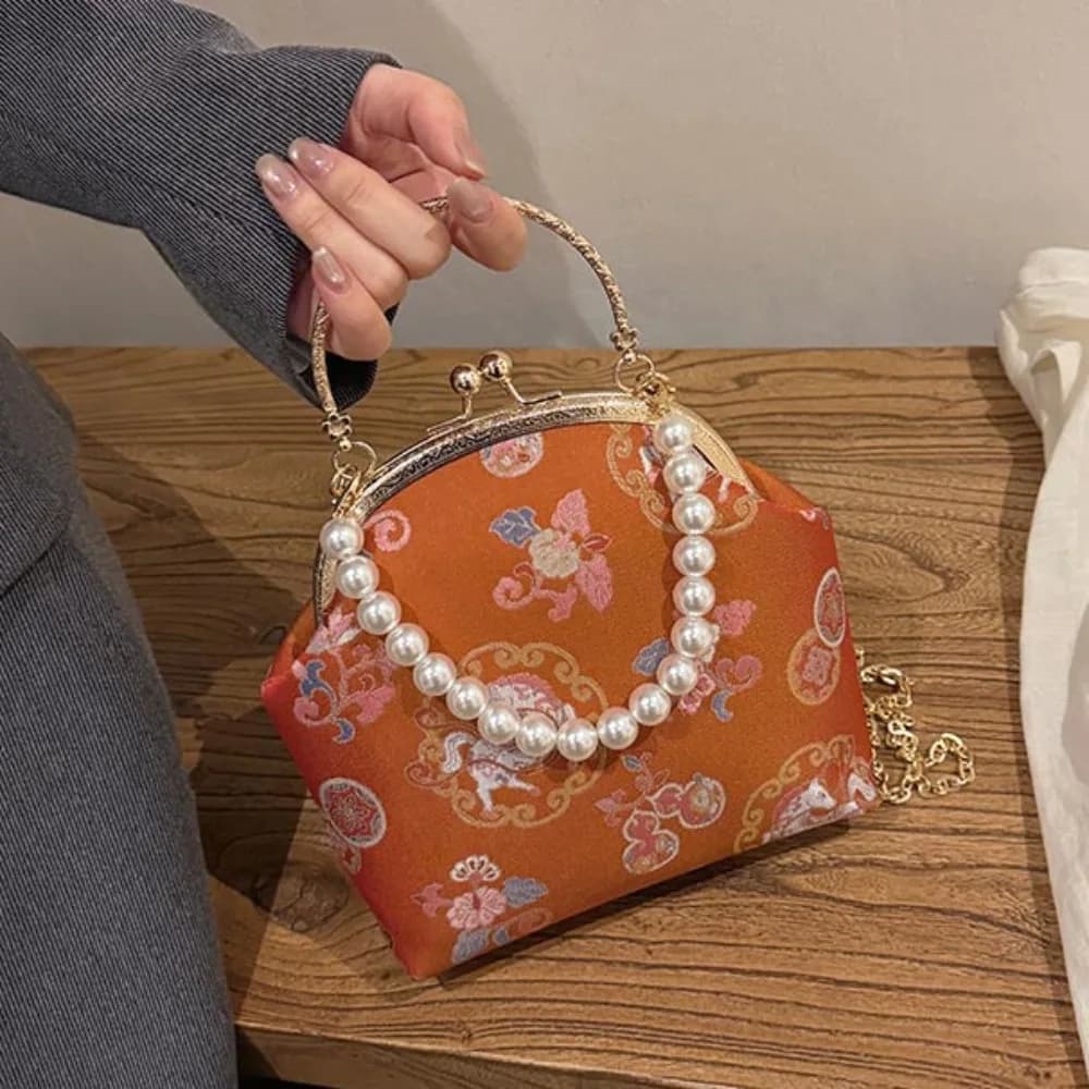 Borsa a mano casual in stile cinese con perle, stampa cavallo, ricamo elegante, borsa da banchetto con manico, accessori per Cheongsam, pochette da polso da donna
