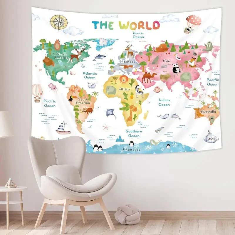 VIKAMA Kids World Map Tapestry with Animals Educational Wall Hanging Aesthetic Tapestries for Bedroom Nursery Decor