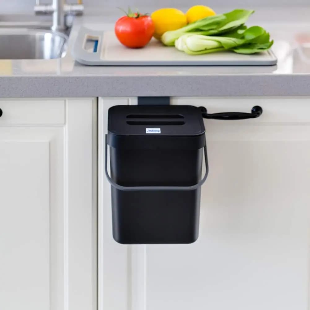 Contenitore per Compostaggio da Cucina 5L con Coperchio, Montabile Sotto il Lavello o sul Piano di Lavoro, Secchio Nero per Scarti Alimentari