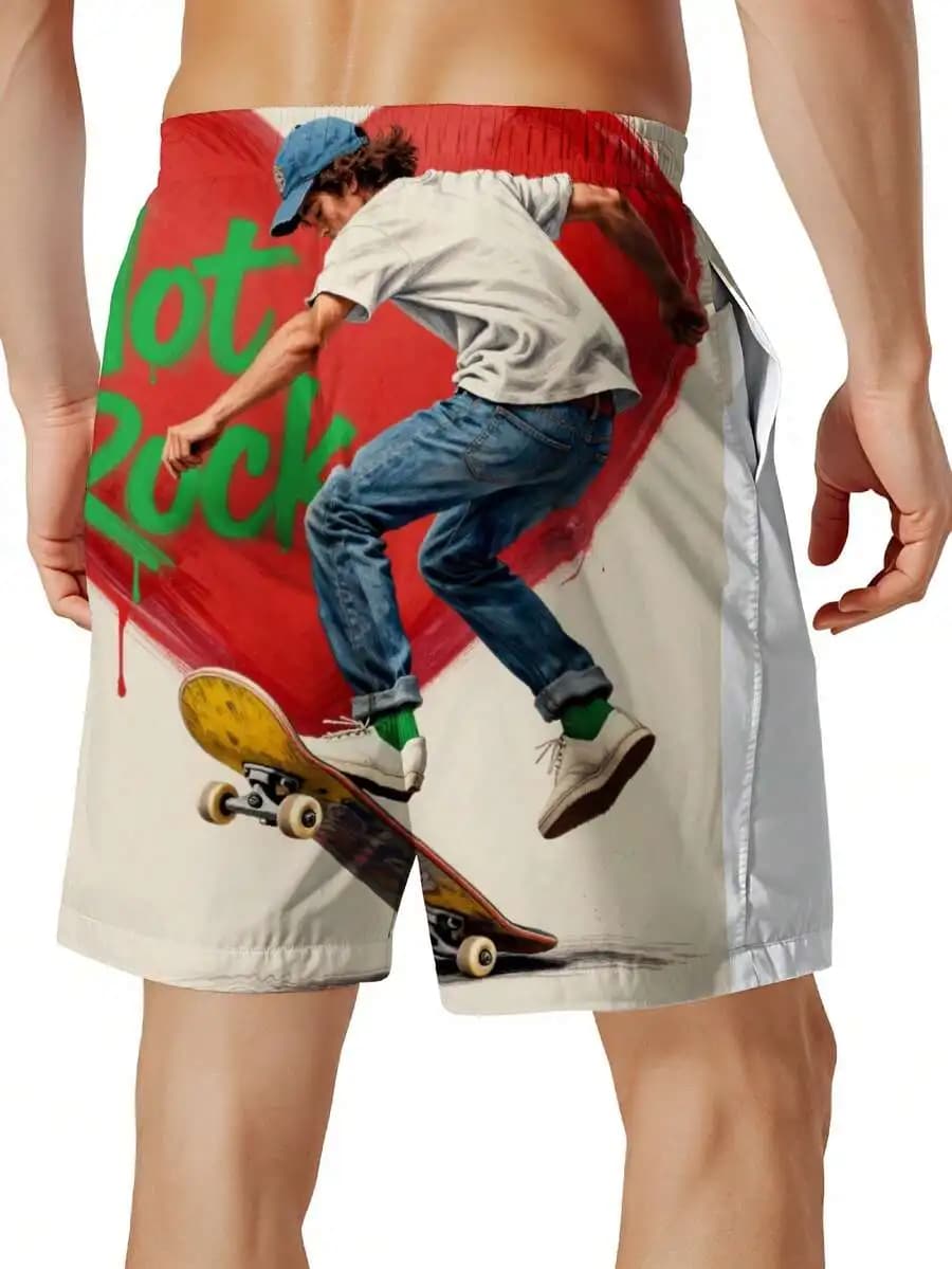 Mens 3D Printed Skateboard Heart Design Swim Shorts