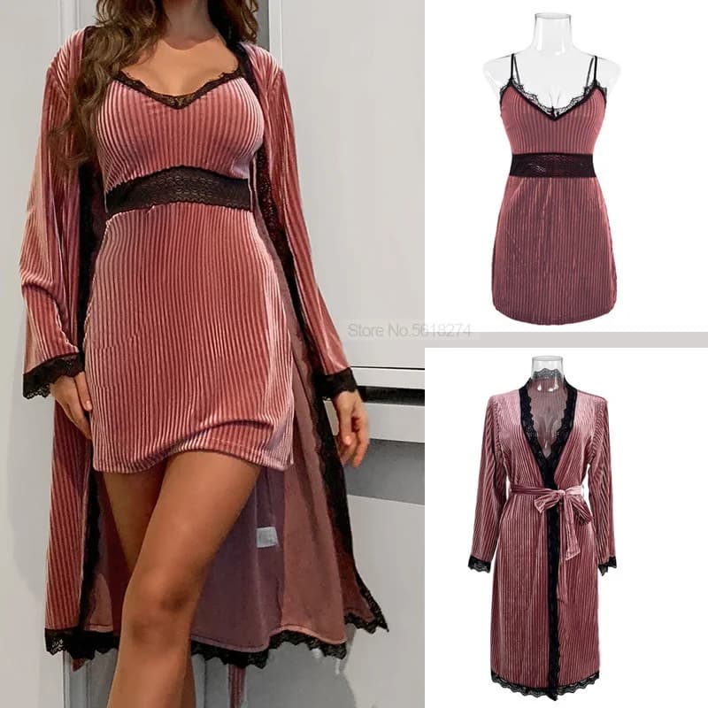 Bathrobe Kimono Velvet Dress Twinset Robe Suit with Strap Night Shirt Autumn Lace Patchwork Perspective Nightwear with V-neck Nightwear