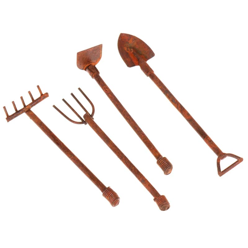 Set di 4 Attrezzi da Giardinaggio in Miniatura 1:12 per Casa delle Bambole: Pala, Rastrello, Zappa - Modellini Decorativi per Fattoria e Accessori per Casa delle Bambole