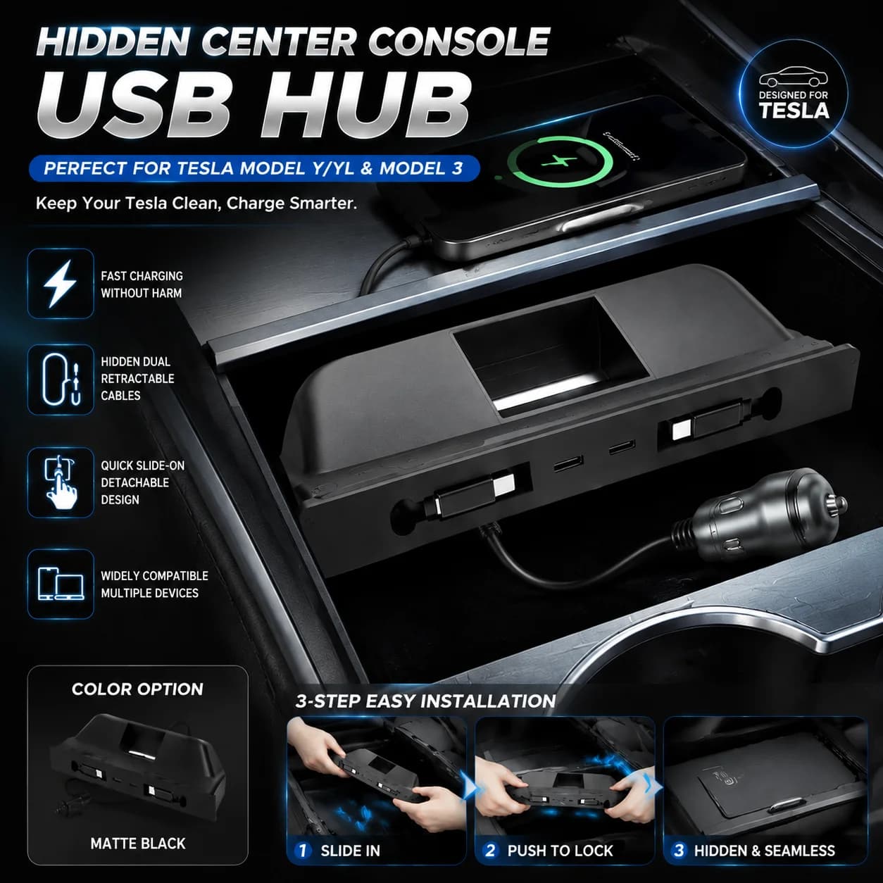 Car Hidden USB Charging Hub Compatible With Tesla Model 3/Y Retractable Type-C Cable Fast Safe Charging Slide Install Detachable