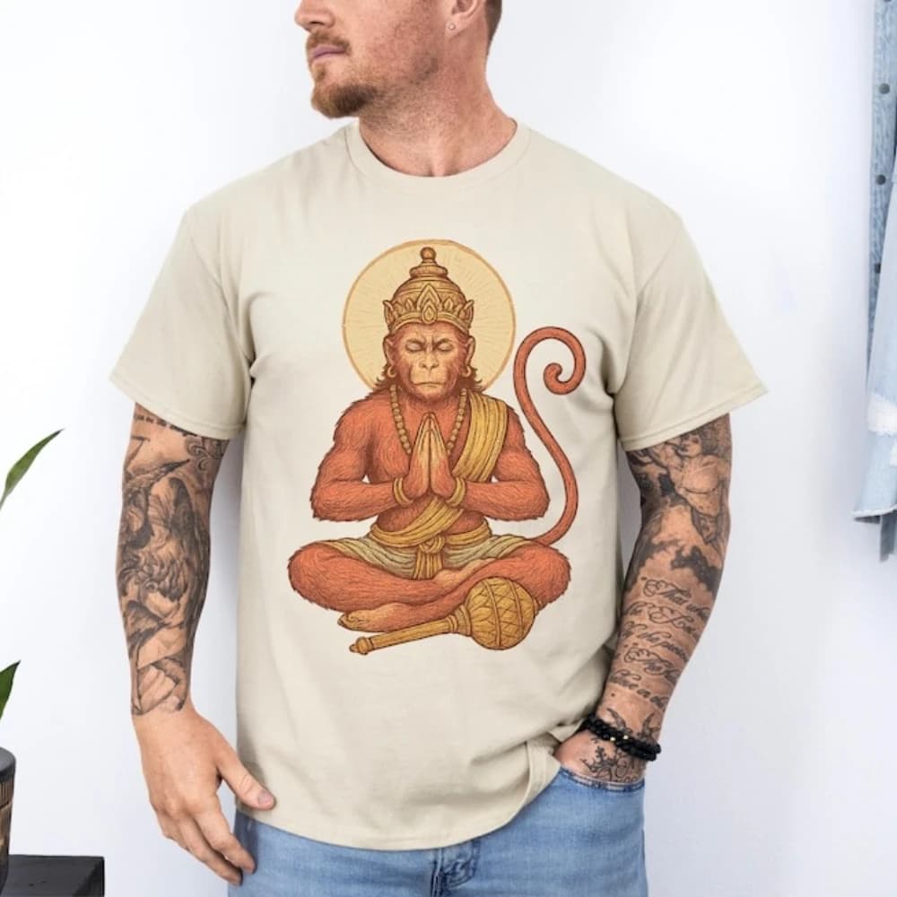 Hanuman Monkey God of Strength Man Printed T-Shirt Hindu Devotion Shirt Spiritual Warrior Gift for Yoga Courage Inner Power Tops