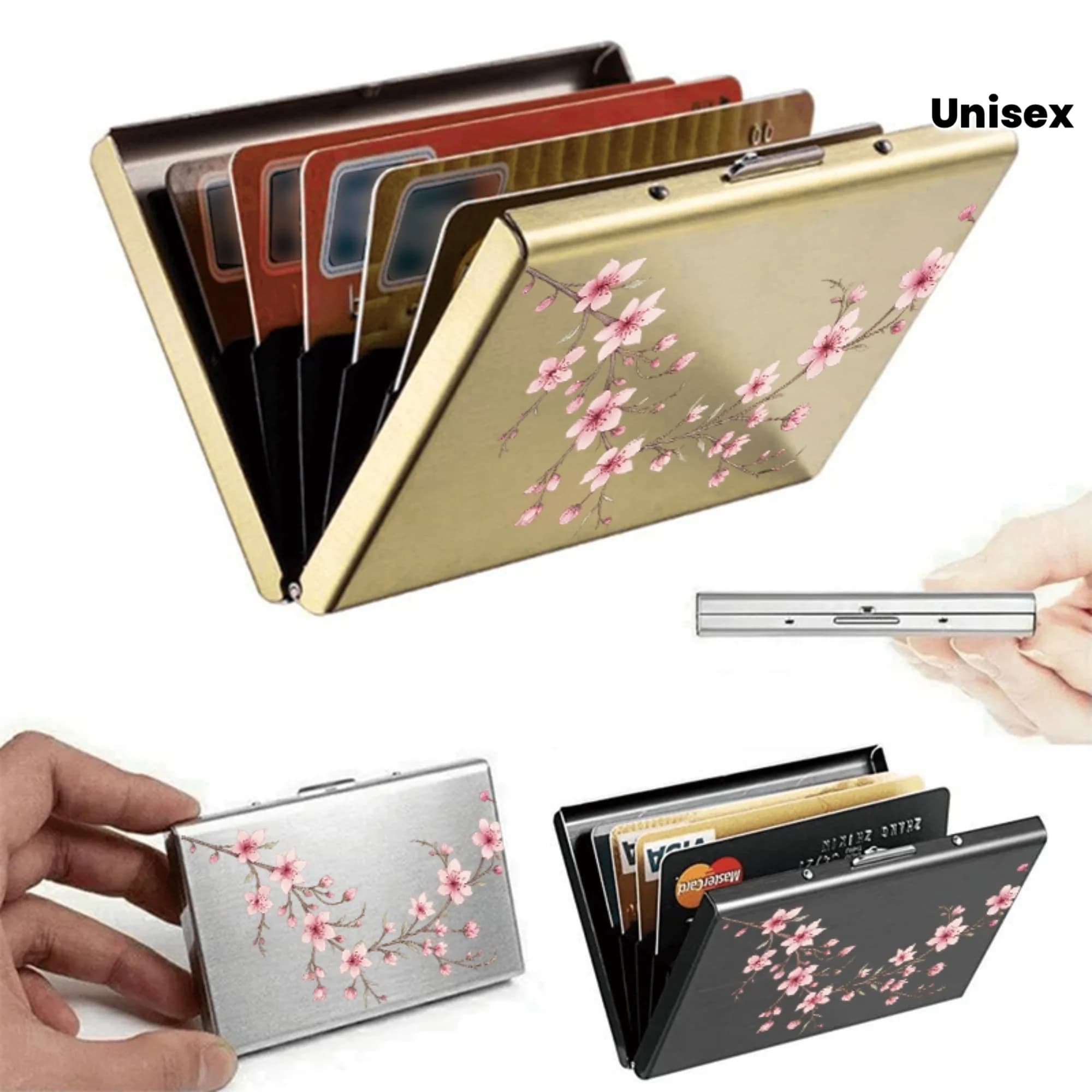 1 porta carte in metallo RFID rosa con motivo a fiore di pesco, design pop-up ultra sottile opaco - Portafoglio sicuro per carte di credito per uomo e donna