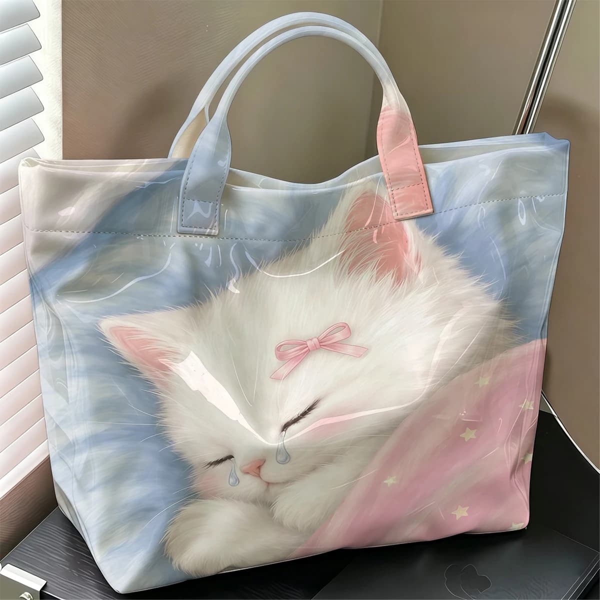 Sad Kitten Fashion Large Glossy PVC Tote Bag Hand Washable Waterproof Perfect Travel Commute Cosmetic Storage Shopper