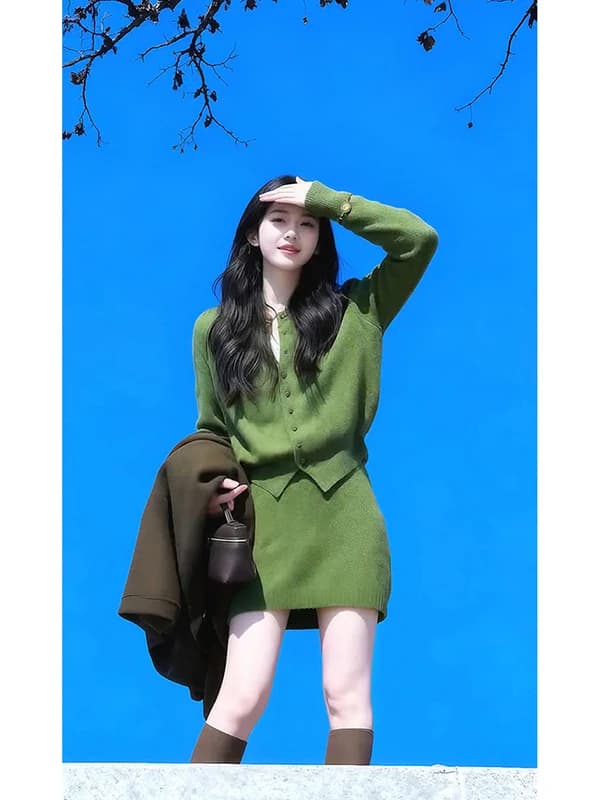 Retro Unique Knitted Open Cardigan Skirt Set Elegant Winter Fashion Women's High Waist Color Long Sleeve round Neck Set