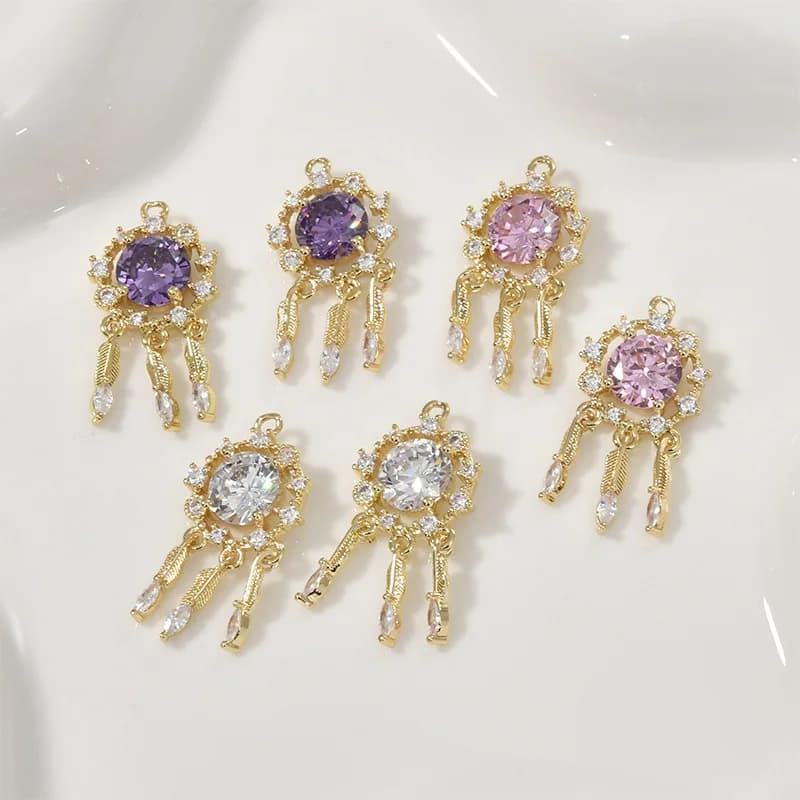 Copper-plated 14k Gold Round Zircon Dream Catcher Feather Pendant DIY Bracelet Necklace Ear Jewelry Handmade Accessories