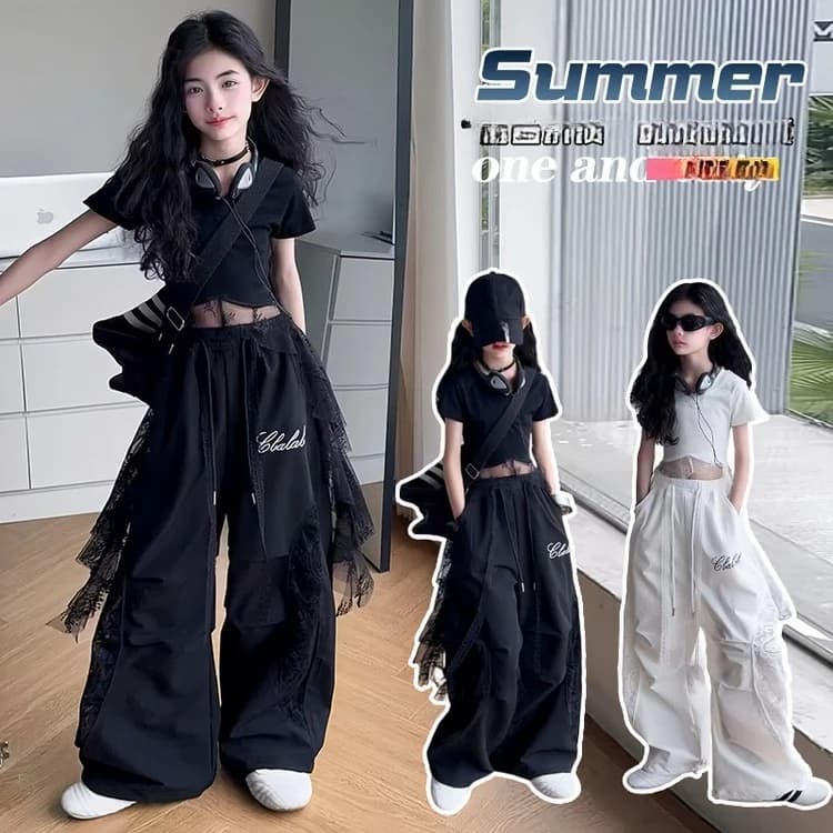4-14 ragazze Hip Hop Jazz Street Dance vestiti Set Abbigliamento estivo per bambini T-shirt patchwork in pizzo + pantaloni da lavoro 2 pezzi abiti per bambini