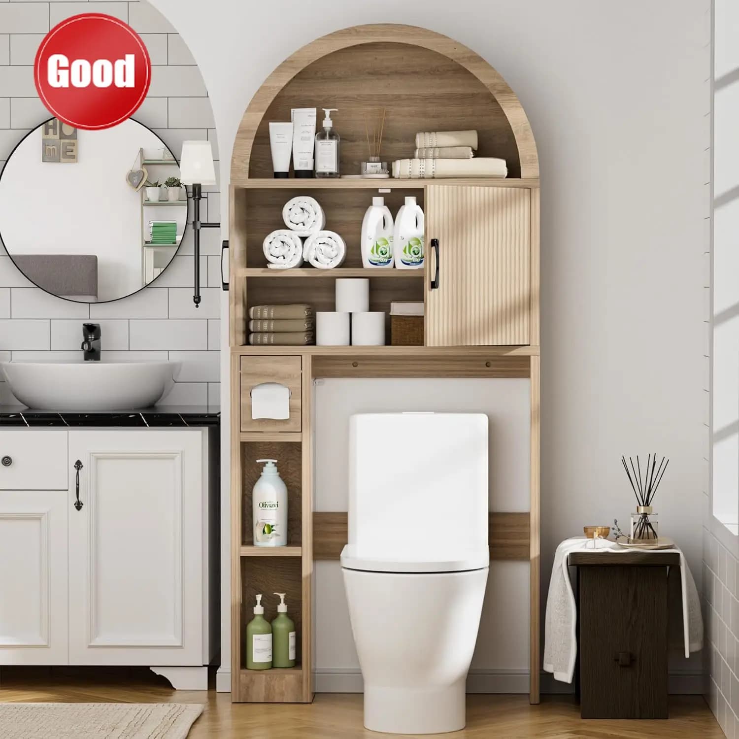 Mobiletto ad Arco Autoportante per Bagno Sopra il WC, Organizzatore in Legno con Portarotolo e Dispositivo Anti-Ribaltamento