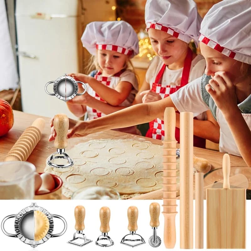 9 Pcs Pasta Making Tools Kit - Gnocchi Board, Pasta Cutter, Ravioli Stamp, Wood Threaded Pasta Roller Pin Set-A56M
