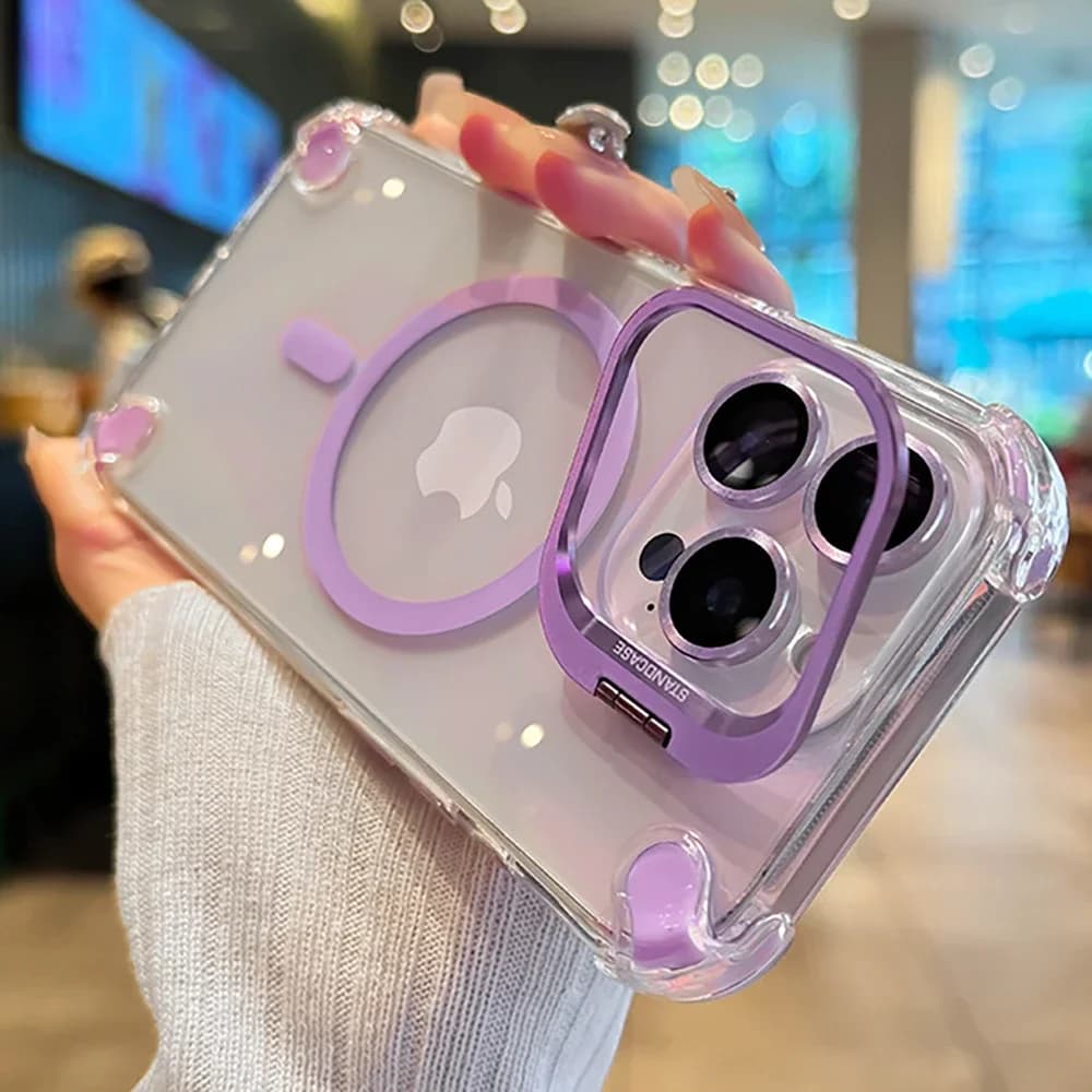 Luxury Magnetic Shockproof Case For IPhone18 17 16 15 14 13 Pro Max Plus 17Air For Magsafe with Glass Lens Protect Stand Cover
