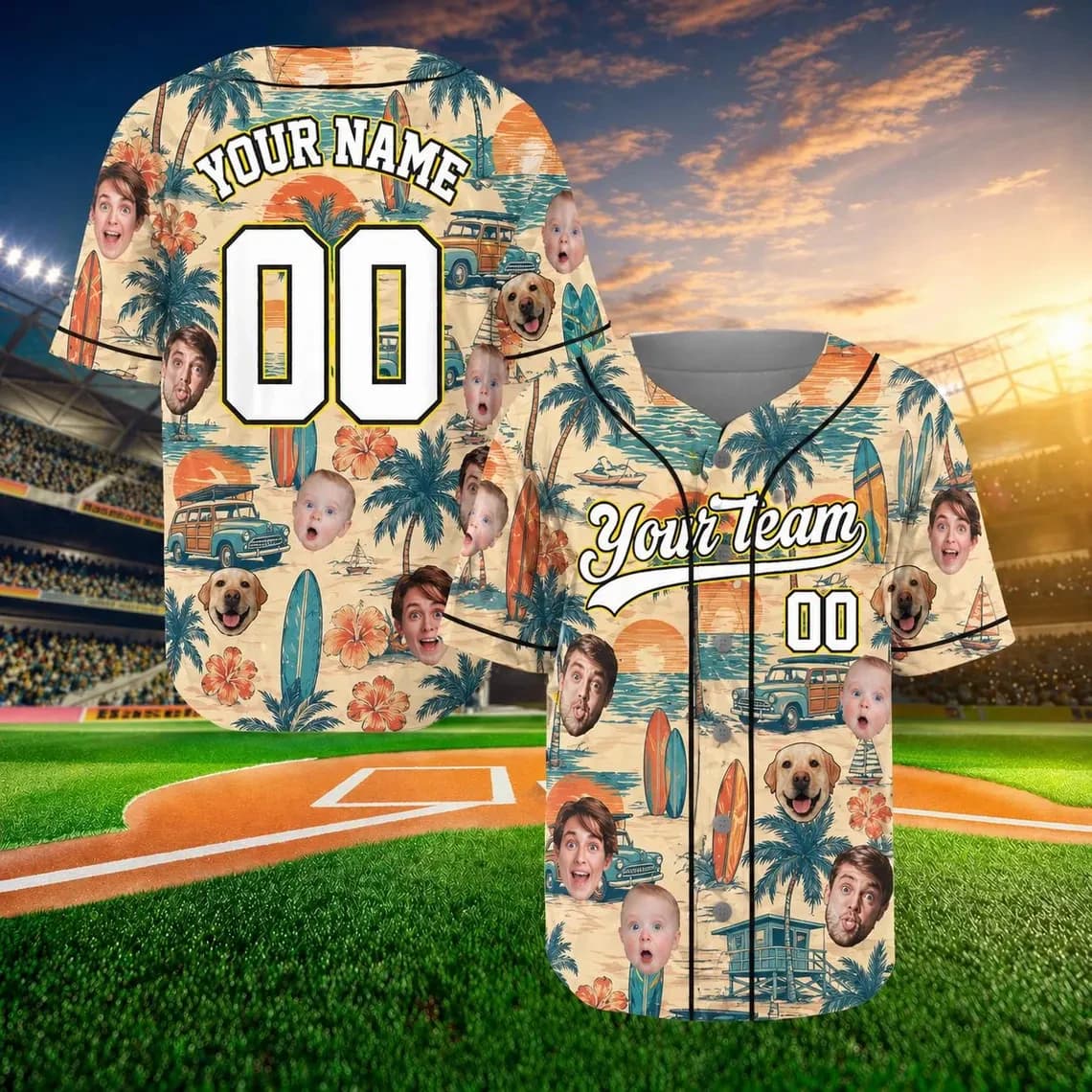 Custom Face Photo Beach Baseball Jersey Personalized Team Name Number 3D All Over Print Tropical Palm Trees Short Sleeve Uniform
