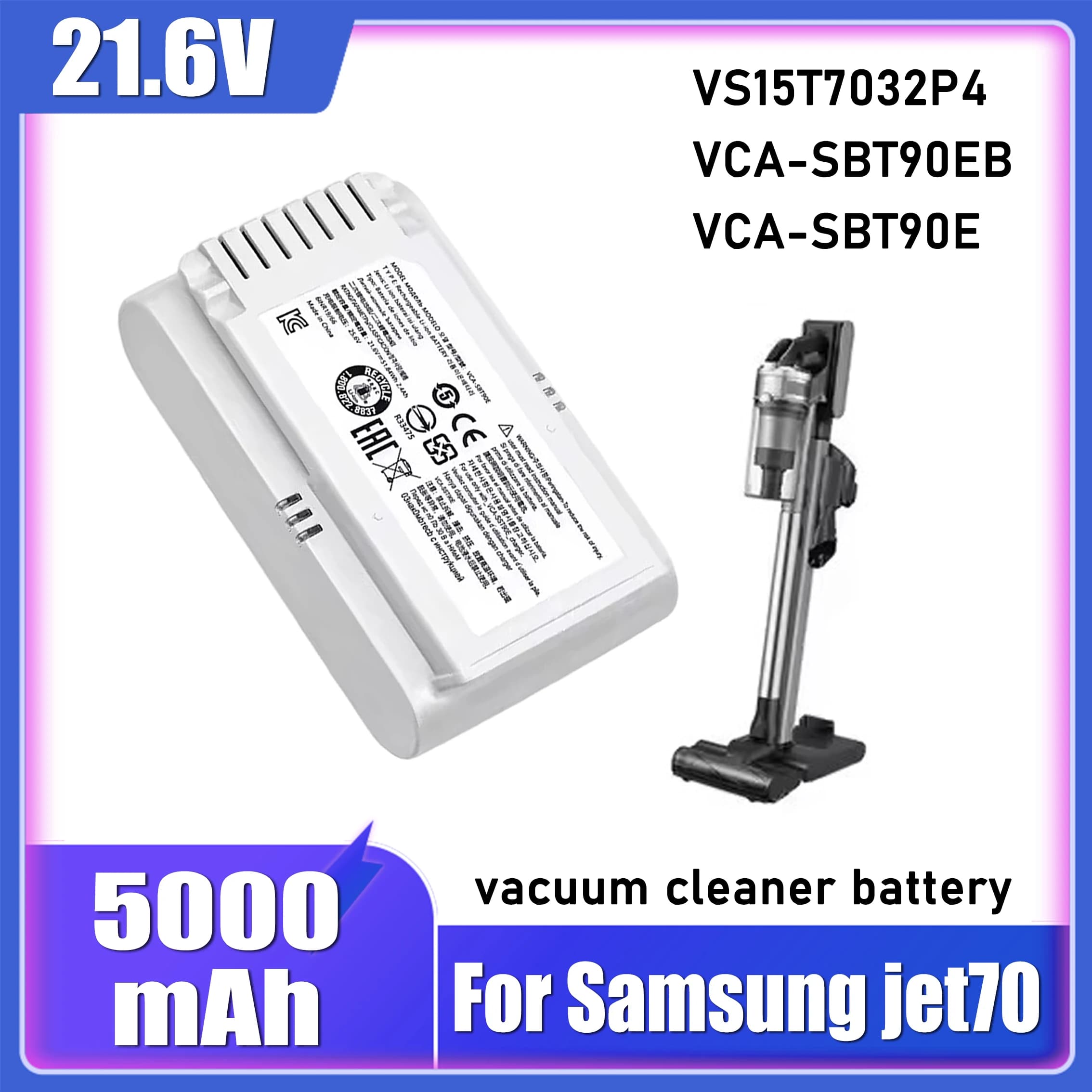 5000mAh VCA-SBT90E vacuum cleaner battery, for Samsung Jet 70 Turbo Jet 70 Pro/complete Jet 90E Pet ,VS15R8542S1 VS15T7031R4