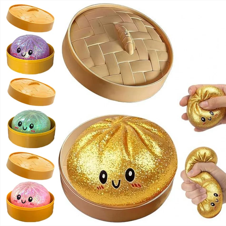 Popular Gold Color Dumpling Squishy Toy with Bamboo Slow Rising Stress Relief Fidget Ball Soft Squeeze Toys for Adults & Kids