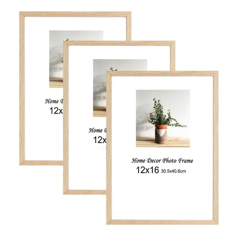 Frame for photo in oak wood 12x16, 3 pack, natural solid wood frame, gallery poster frame with plexiglass for W