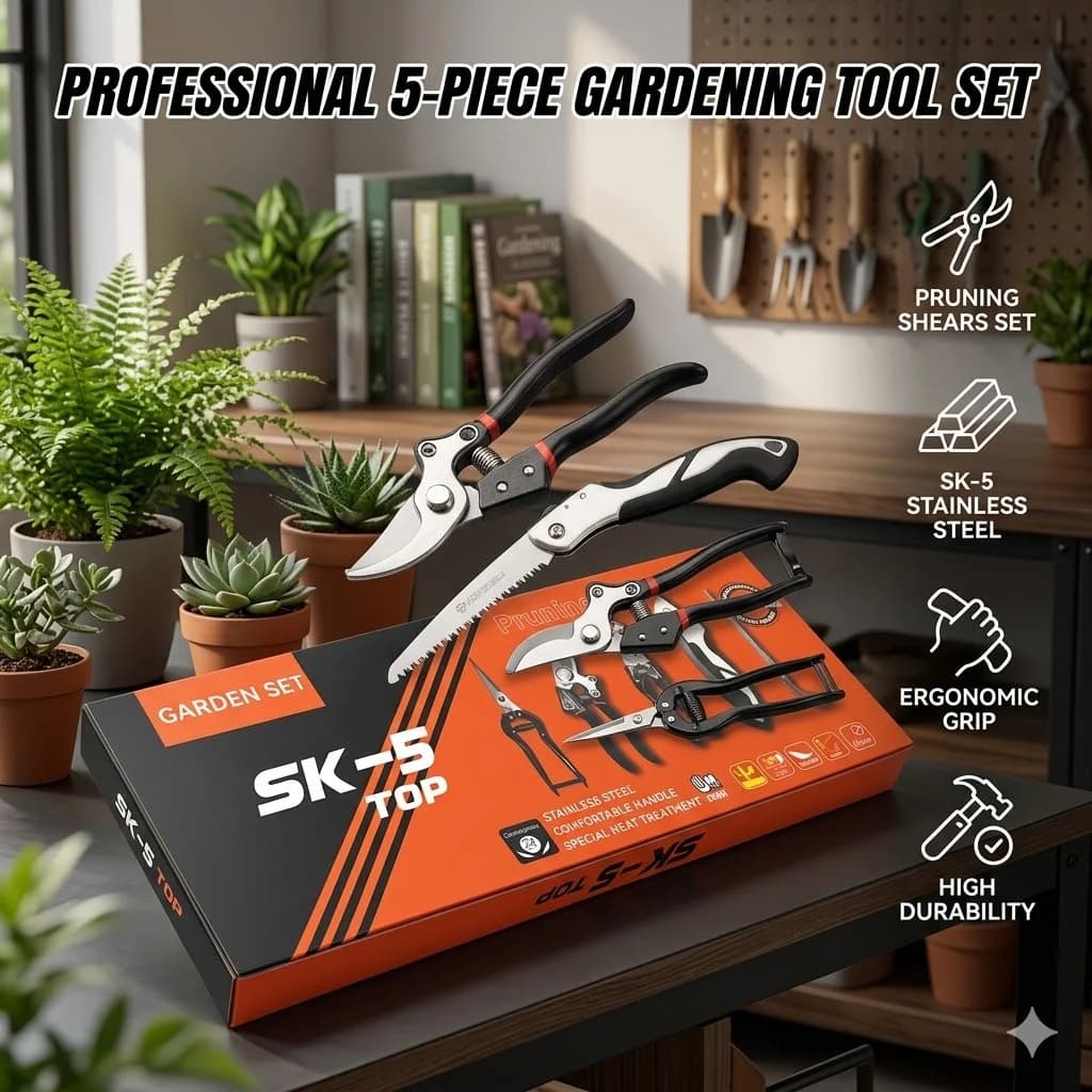 Set di 5 Attrezzi da Giardino in Acciaio SK5, Cesoie per Potatura Resistenti, Sega Pieghevole, Trimmer per Rami, Forbici da Potatura, Utensili Manuali per la Cura delle Piante con Scatola