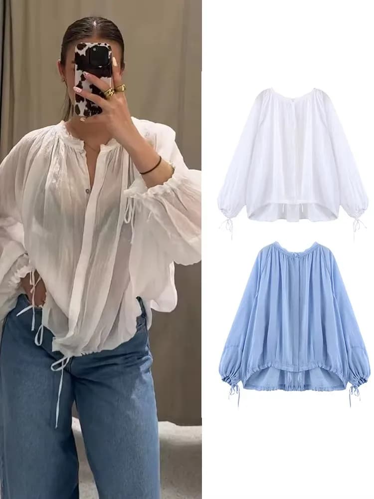 Camicia allentata casual per le donne Camicetta a maniche lunghe con lacci trasparente sexy Donna 2025 Camicie blu bianche dolci nuove chic estive