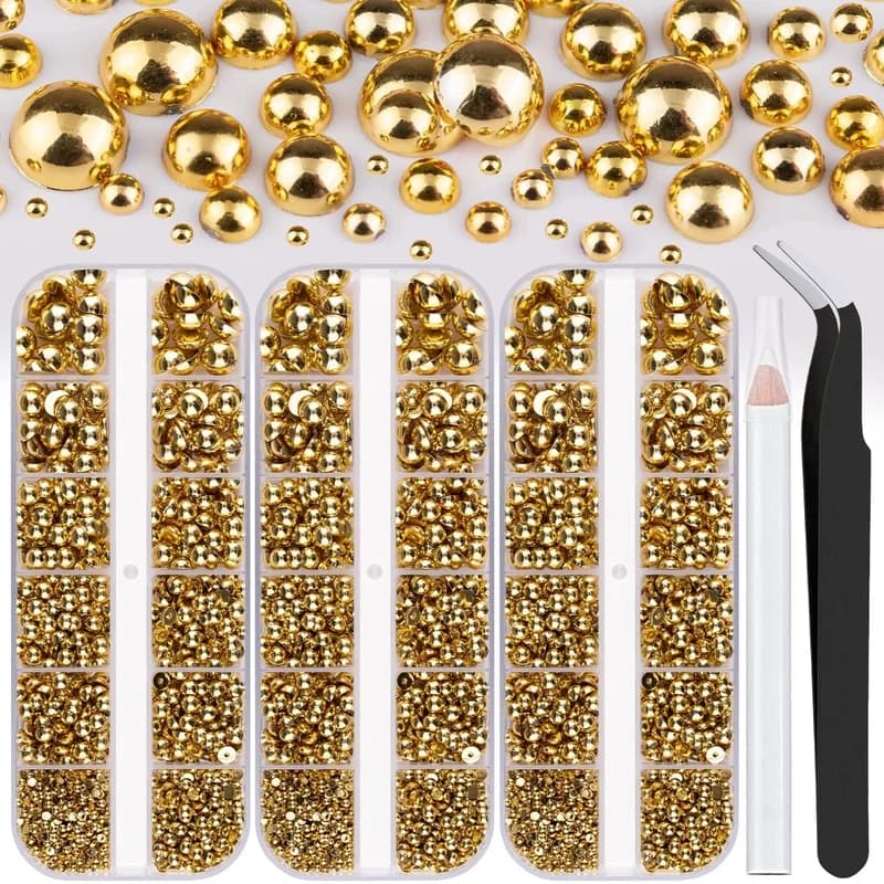 3 Box Flatback Nail Art Pearls Kit Golden Silvery White Beige Small Half Round Pearl with Pickup Pencil and Tweezer Makeup Beads