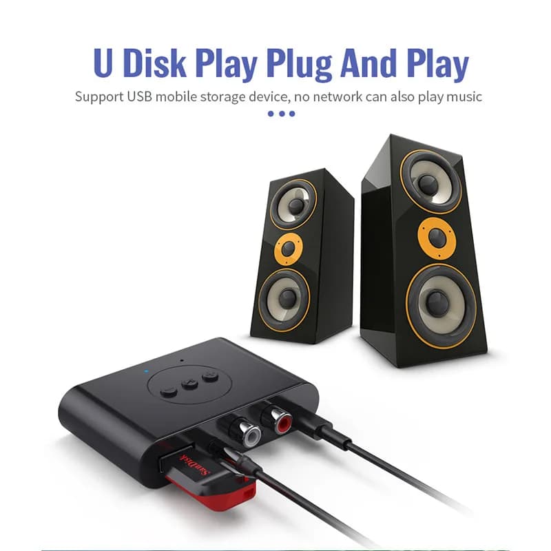 Adattatore audio Bluetooth 5.2 Ricevitore audio wireless NFC U Disco RCA Jack AUX da 3,5 mm Ricevitore musicale stereo Amplificatore per altoparlante per auto
