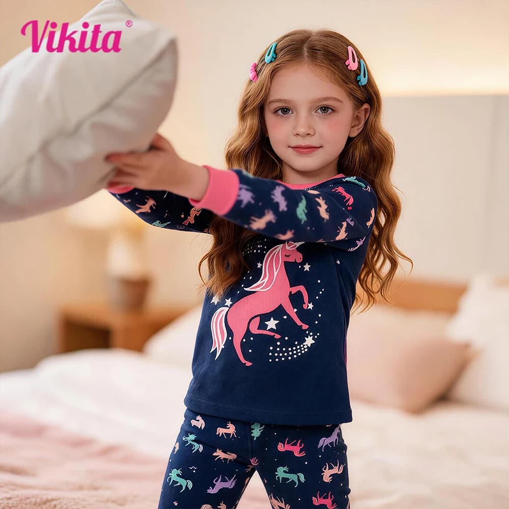VIKITA set di abbigliamento per bambini bambini Licorne stampa cotone Casual O collo T-Shirt e pantaloni 2 pezzi vestito Homewear pigiama abbigliamento per bambini