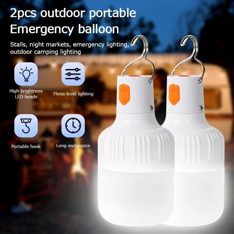 2-piece Rechargeable LED Indoor and Outdoor Portable Emergency Lights with Battery Flashing Lights Camping Lights for Barbecue Curtains