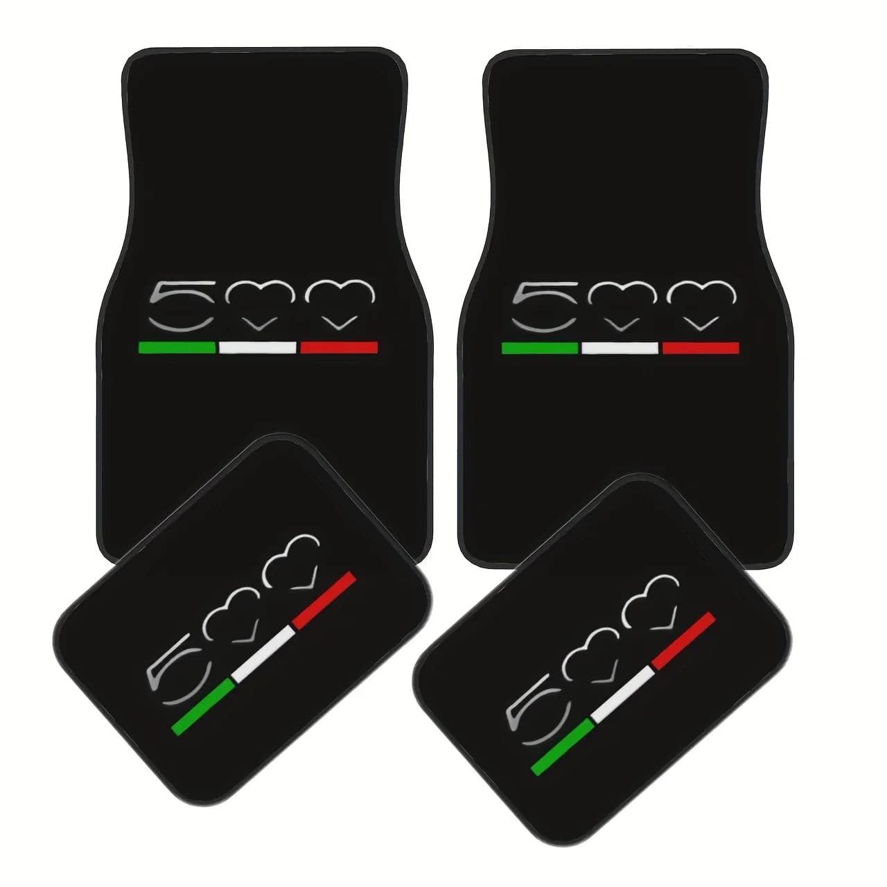 Set Of 4 Premium Polyester Car Floor Mats Showcasing The Iconic For FIAT 500 Logo Design - Fits Both Front And Back Seats.