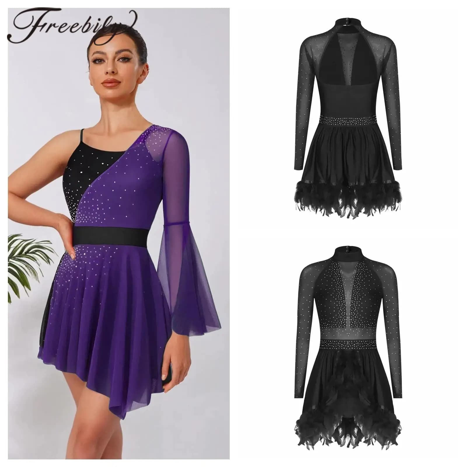 Costume da ballo lirico da donna a maniche lunghe, abiti da pattinaggio di figura, abbigliamento da ballo, body da danza classica, strass, vestiti da pattinaggio su ghiaccio