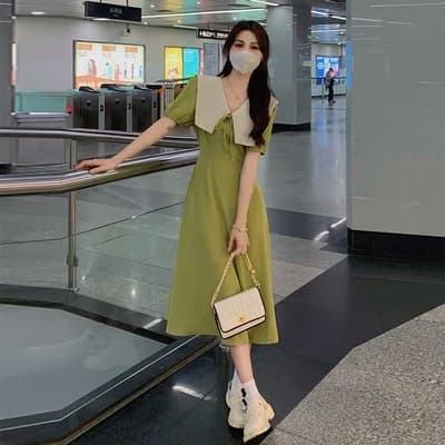 Nuovo Stile Estivo Abito da Donna Morbido e Delicato con Colletto a Bambola Lungo, Vestito a Vita Alta a Trapezio che Nasconde la Pancia e Snellisce la Silhouette