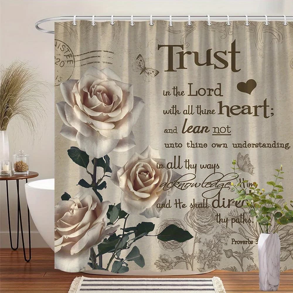 1PC Nspirational Words Shower Curtains Proverbs Quote Floral Design Cream Roses Butterflies Heart for Bathroom Home Decorations