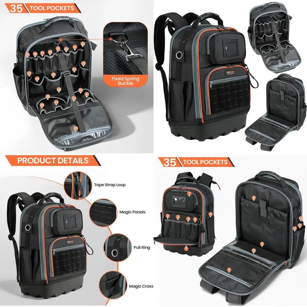 Zaino Porta Attrezzi con 35 Tasche, 18.5 x 13.7 x 7.8, Nero/Arancione, Resistente all'Acqua