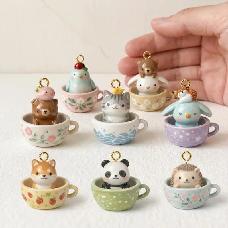 Cartoon Tea Cup Animal Pendant Necklace 3D Necklace Set Cute Jewelry for Kids and Girls Unique Gift Accessory