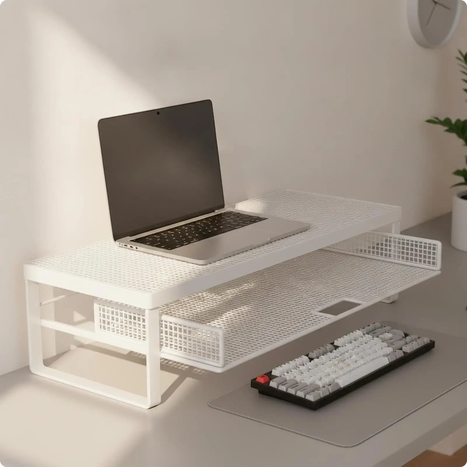 Cooling Laptop Riser with Pull Out Tray for Keyboard and Desk Items Elevated Computer Stand for Workspace Organization