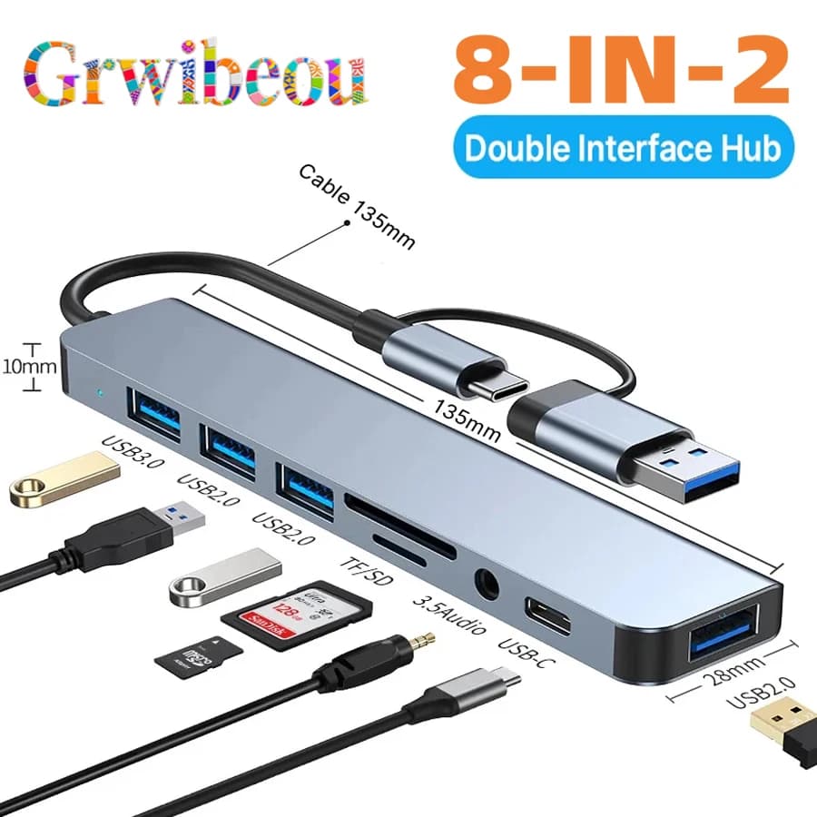 USB-C Hub 8 in 2, USB splitter, USB extender with 4 USB ports, 1 USBC port, TF/SD card reader, audio output, compatible with MacBook