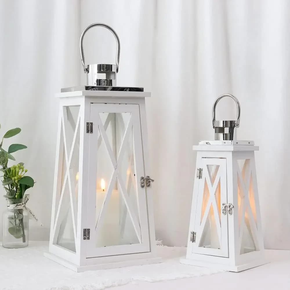 Farmhouse Wood Candle Lantern Decorative Candle Holders with Tempered Glass Rustic Hanging Lantern(White Trapezoid)