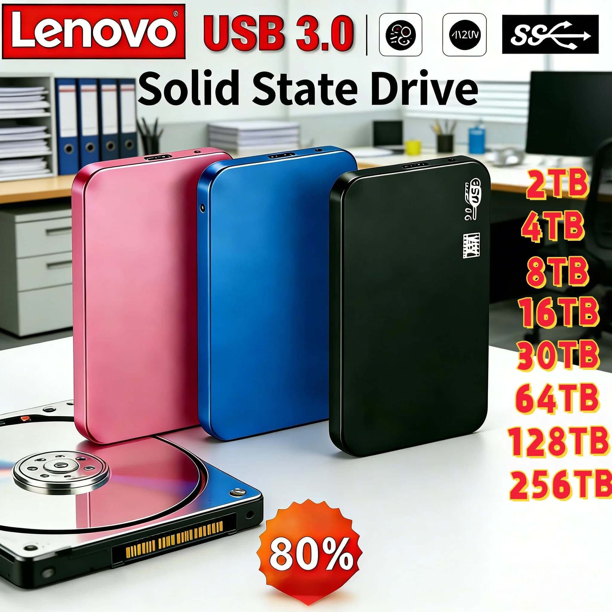 Lenovo 4TB Enclosure SSD USB 3.0 ad alta velocità, custodia esterna per HDD, custodia per disco rigido mobile in ABS con cavo USB 3.0 per archiviazione