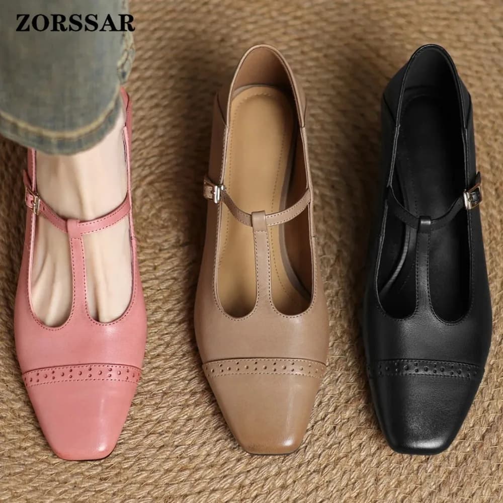 Scarpe Eleganti da Donna in Pelle di Vacchetta con Intagli, Stile Britannico, Tacco Medio 4cm, Taglie Grandi 34-41