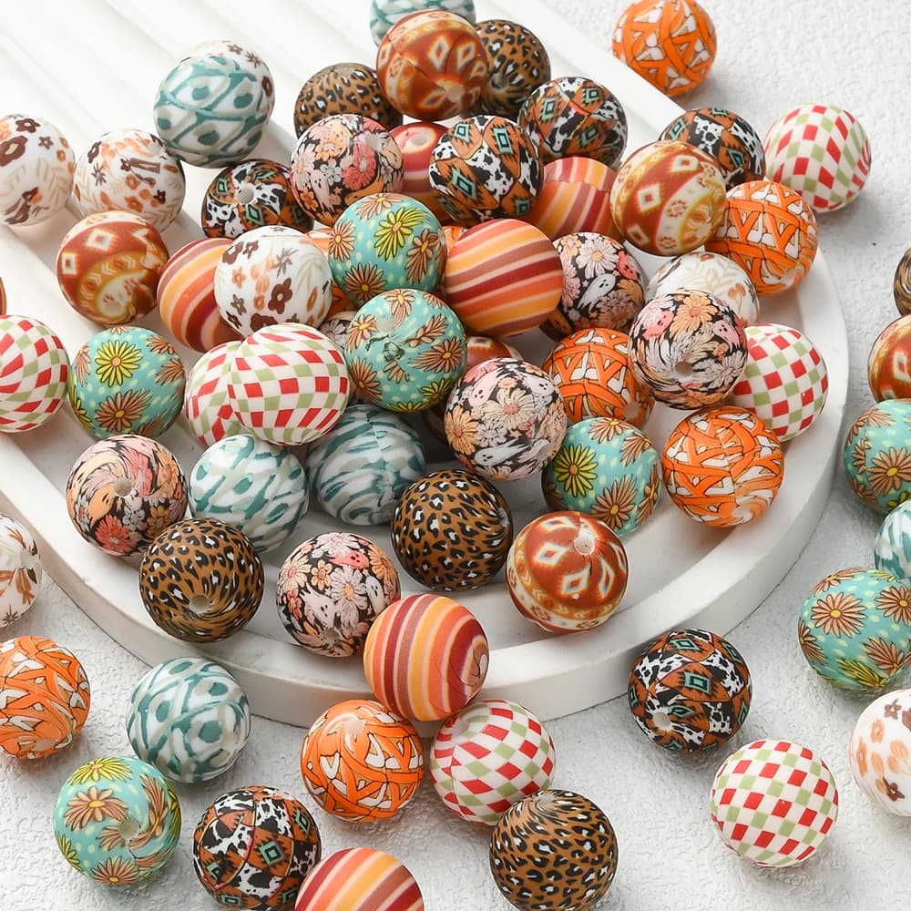 10pcs/set Silicone Printing Beads 15mm Round Loose Beads For DIY Handmade Pacifiers Clip Jewelry Making Bracelet