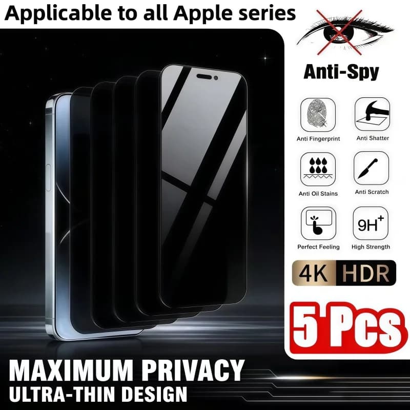5 Pieces Protective Film Privacy Anti-Spy Glass Tempered Cover Total for iPhone 17 16 15 14 13 12 11 Pro Max, XS Max XR
