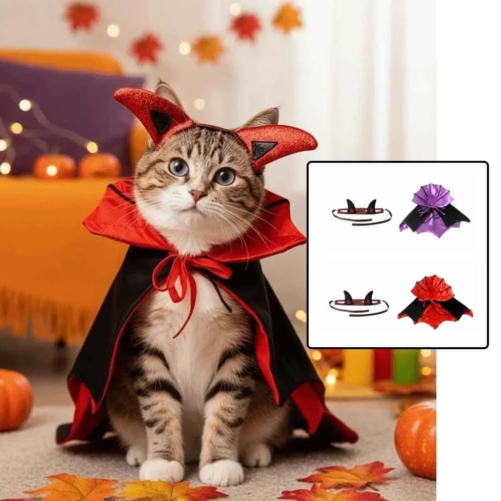 Stand Collar Pet Bat Costume Purple Black Contrast with Ear Holes Dog Purple Cloak Soft Satin Fabric Tie Closure