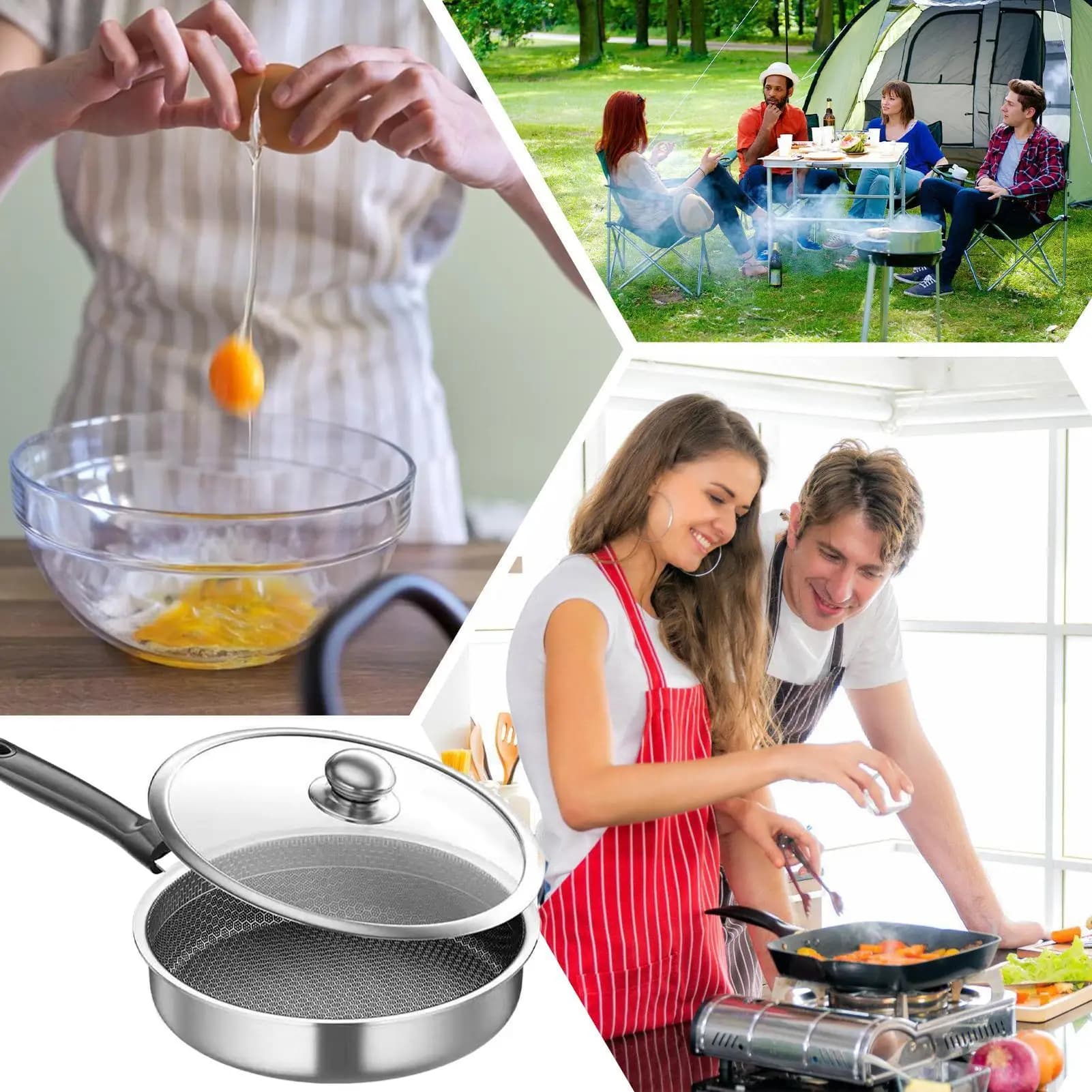 Honeycomb pan with transparent cover for cooking at home, in the kitchen, at the restaurant, camping, on electric stove